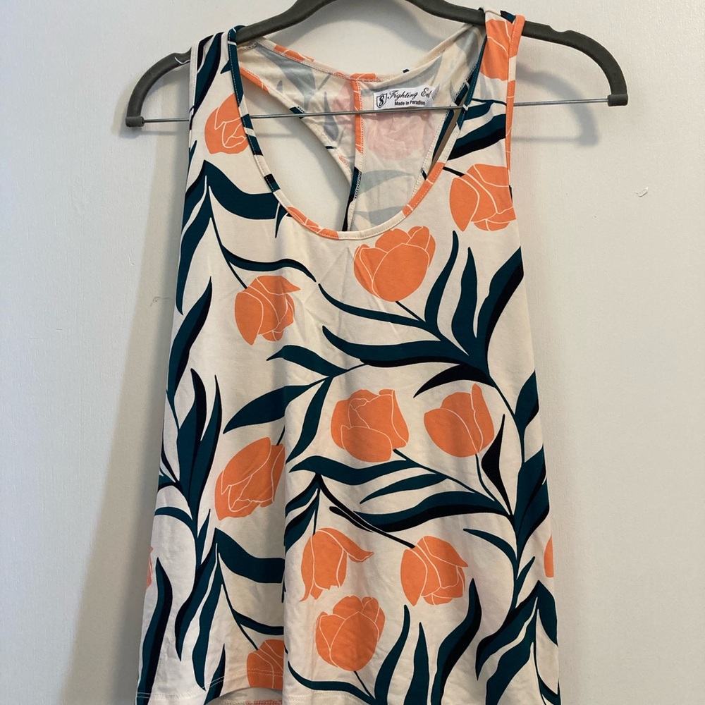 Floral Sleeveless Top - Orange and Cream